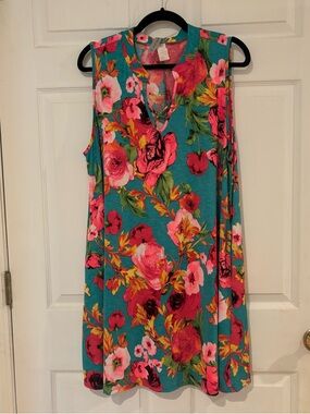 Teal Floral Sleeveless Shift Dress with Pink & Yellow Blooms with pockets